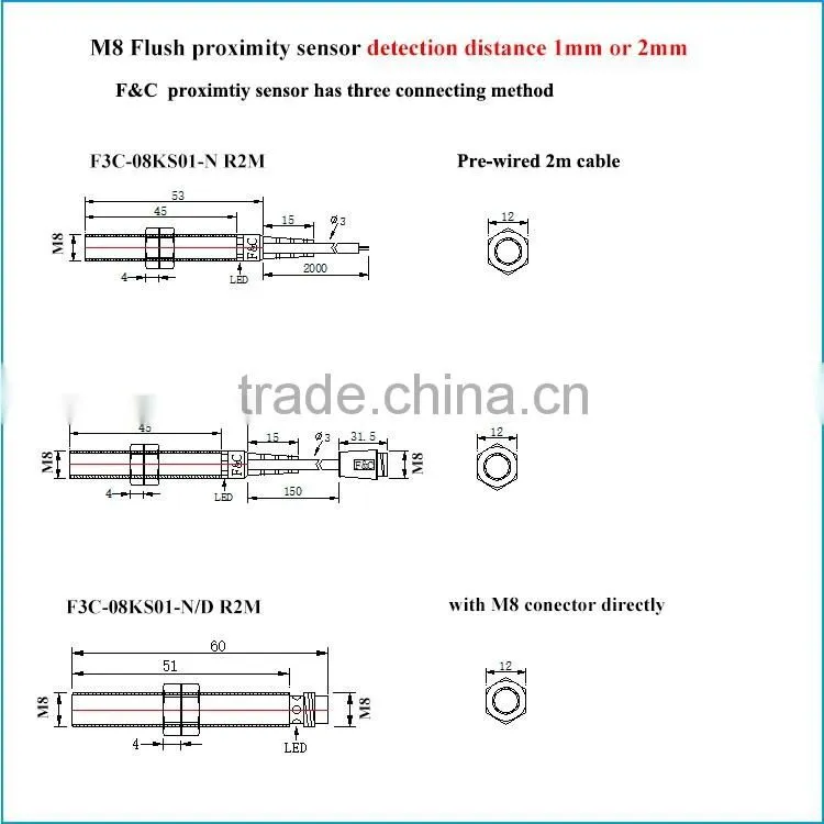 F&C M8 Sn1mm 12V-24V dc NPN type inductive proximity sensor with CE