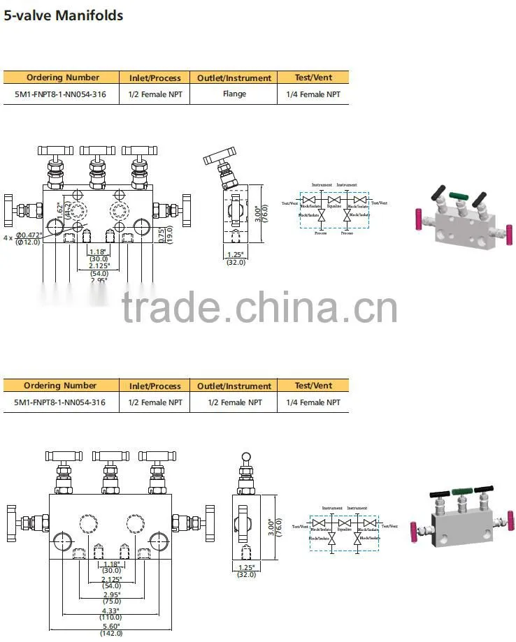 304 ss 5 way instrument manifolds 5 valve for oil