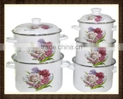 High Quality Flower Decal White Enamel Cookware Pot Set 5 pcs For Induction Steam Pot