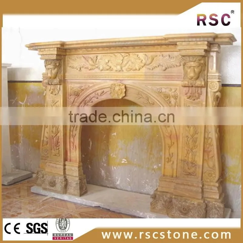 Special brown pillar male lion carved fireplace mantel