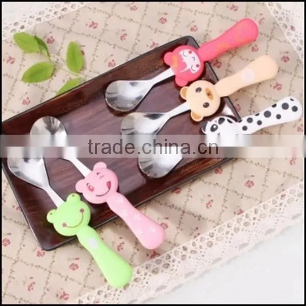 2015 hot sell cartoon food grade plastic handle stailess steel spoons supplier in China,food grade plastic spoons supplier