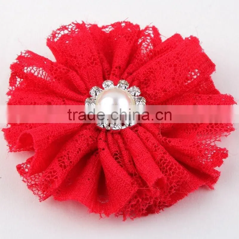 lace flower with pearl rhinestone in center for kids hair accessories