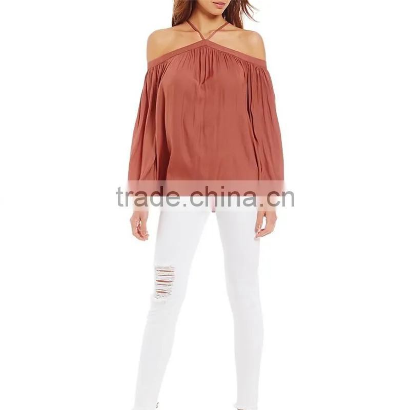 2017 summer new look pullover construction sleeve opening cold shoulder blouse