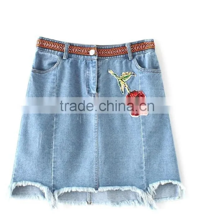 2017 Fashion Girl custom Summer denim skirt emboridery floral casual skirt