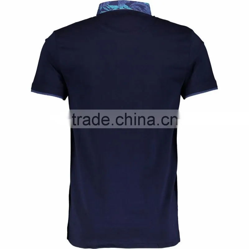 Male's Navy Pure Cotton Slim Fitted Polo Shirt with Patterned Collar