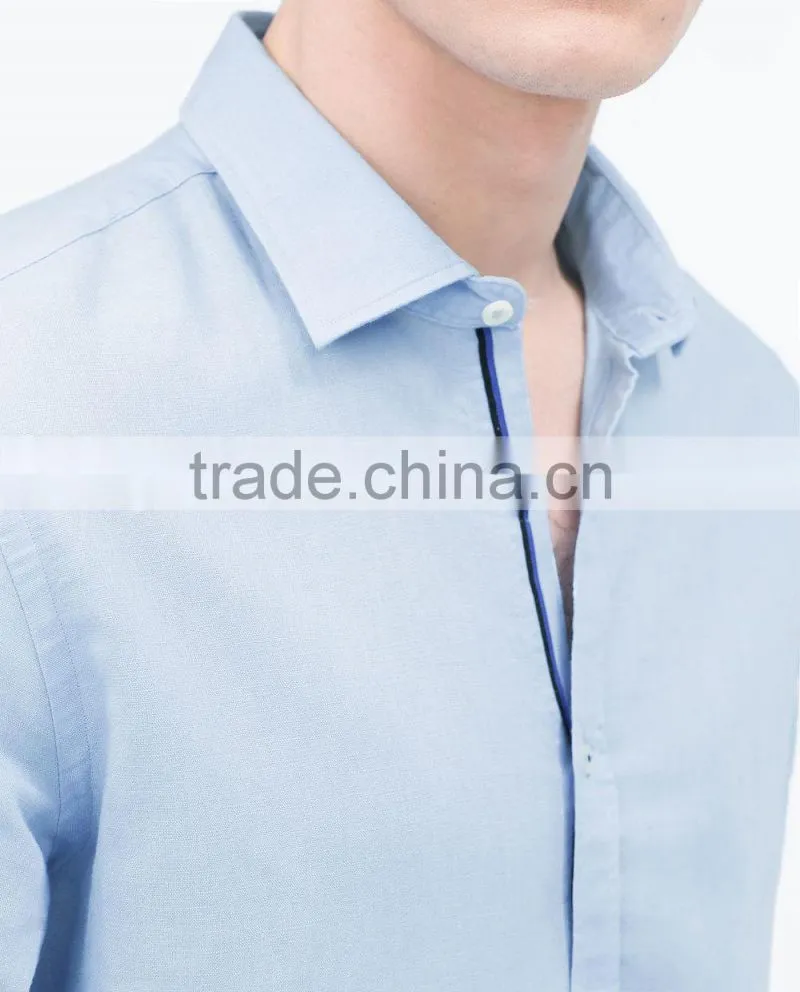 2015 linen cotton classic collar solid color contrast ribbon breathable fabric latest design for holiday