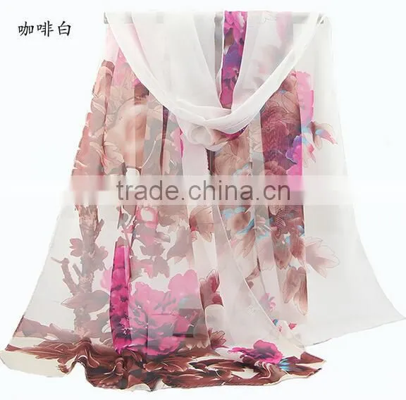 Fashion Women Chiffon Scarf Spring Summer Peony Flower Printing Elegant Lady Shawls Scarves