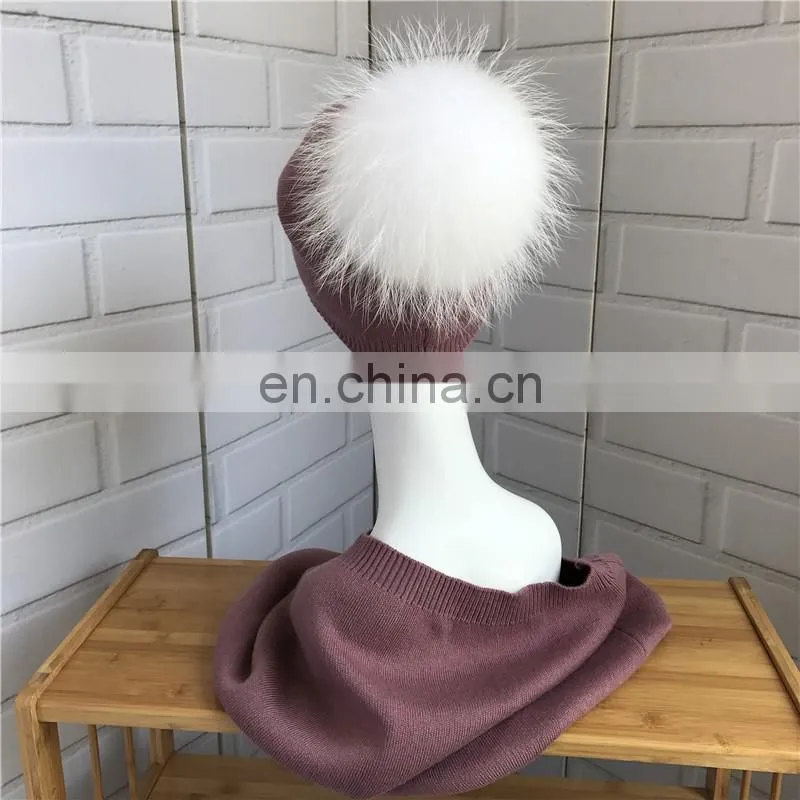 Women Cashmere Knitted Collar Raccoon Fur Pompom Hat Wholesale Hat and Scarf Sets