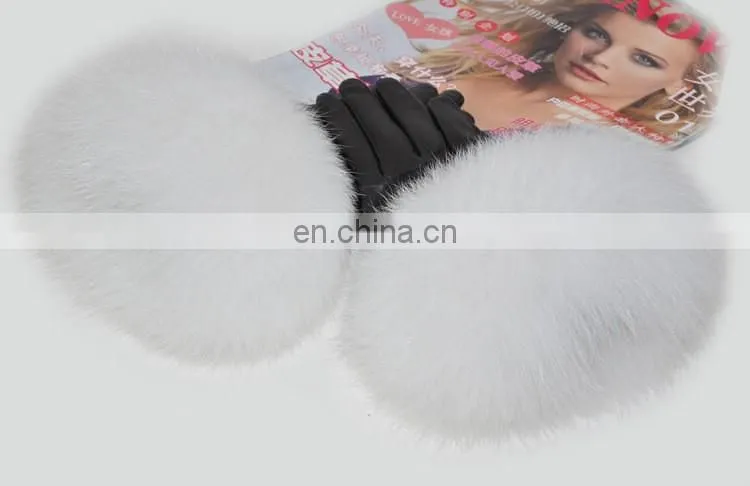 Warm Real Leather Glove With Big Genuine Fox Fur Beautiful Glove