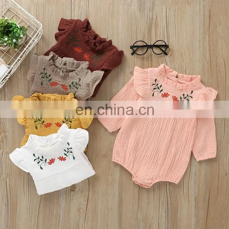 Wholesale Fashion Romper Full Sleeve Ruffle Flower Embroidery Baby Linen Romper