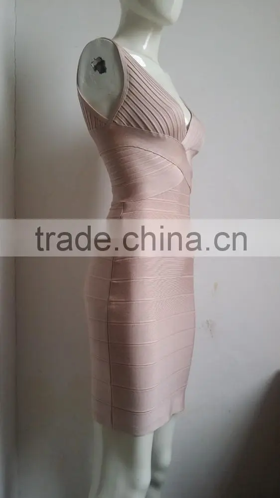 Summer dress wholesale top quality 2015 new fashion women attractive rayon stretch v neck nude sey mini bodycon evening party Ba