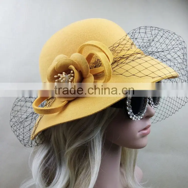 Hot Sale Women's Wide Brim Wool Felt Hats With Veil Fascinator