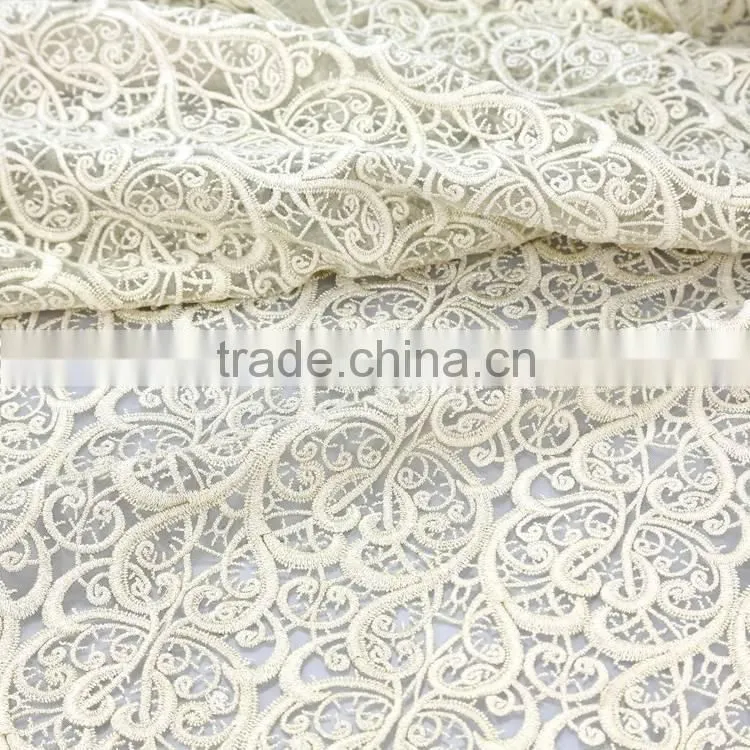 Fashion lowest price wholesale 100% golden yarn embroidery designs ladies tops gold lace fabric