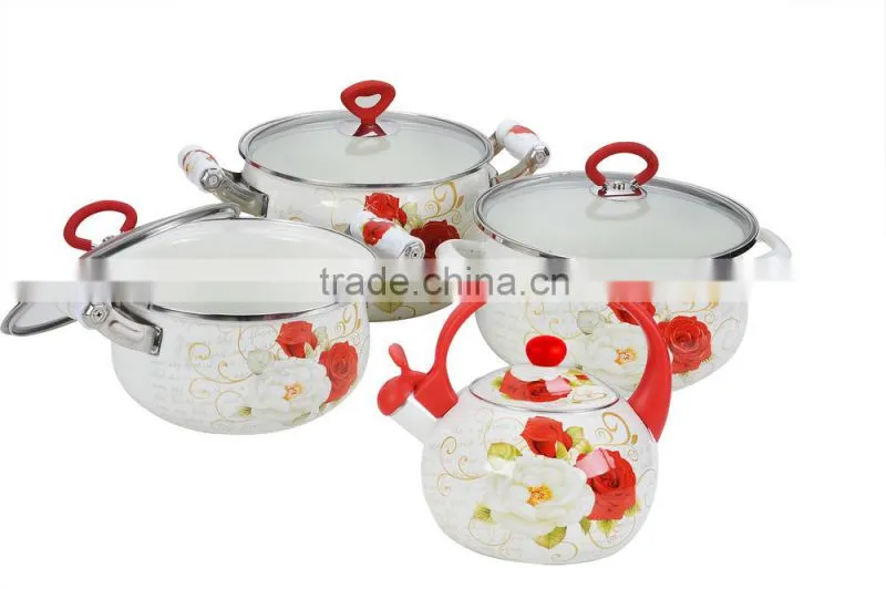 Hot selling enamel cookware sets & tea pot with full decals
