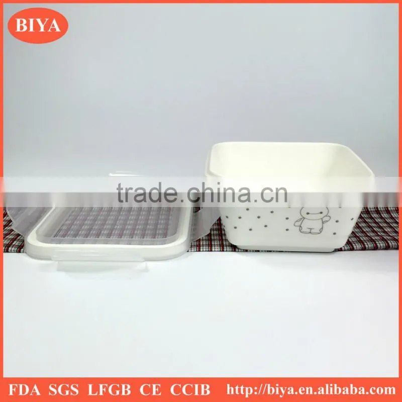 heat resistance food storage ceramic cute lunch box functional porcelain bento square lunch container with seal silicone lid