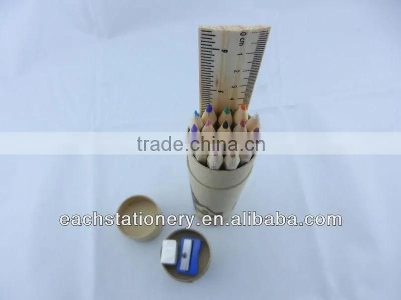 7''wooden color pencil set with ruler eraser and shapener in paper tube