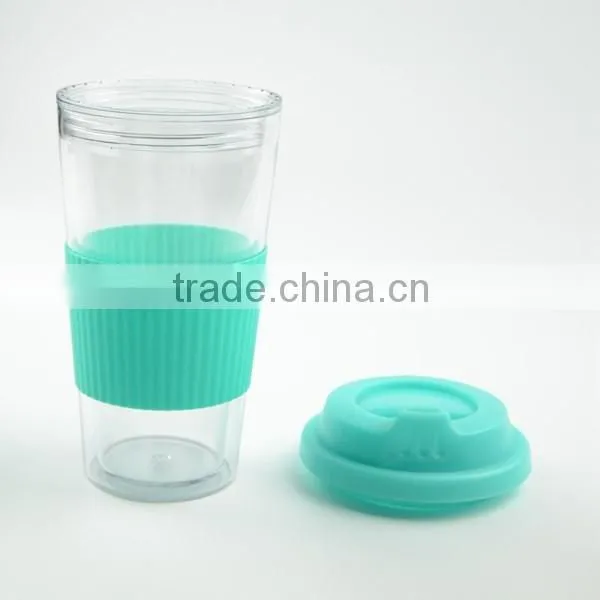 Double Wall PP Plastic Coffee Travel Mug With Silicon Band