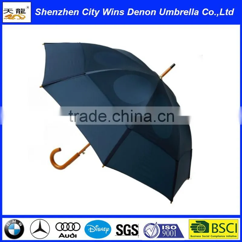 Wholesale classic automatic custom OEM amazon hot sale air vents wooden stick umbrella with wood hook handle