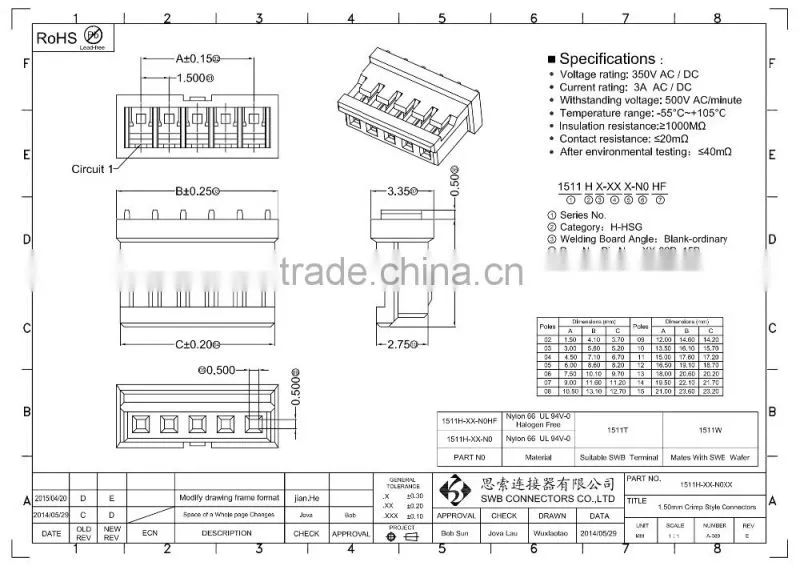 1.5MM Pitch Wire to board electrical connectors SMT