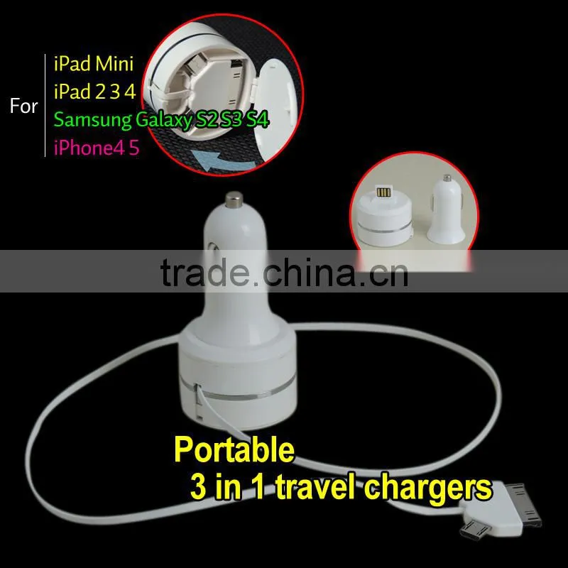 USB Car Charger Adapter + 3 in 1 Cable For Cellphone Samsung HTC