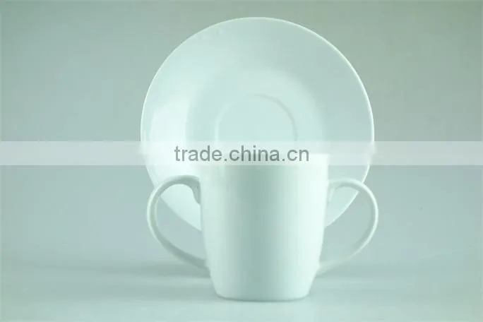White porcelain cup saucer double handles , stock cups chaozhou factory Sanbo