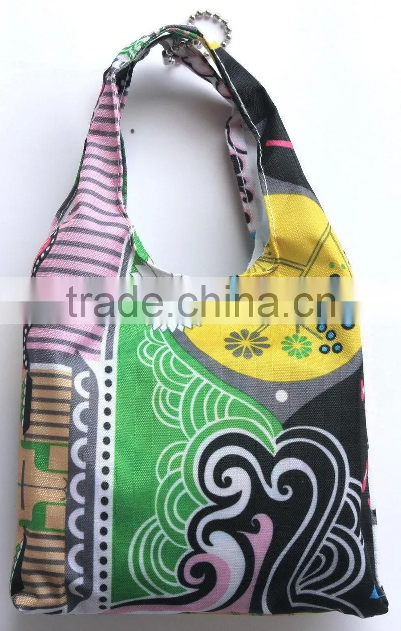 Wholesale Reusable Foldable Portable Folding Tote Shoulder Shopping Bag with small pouch