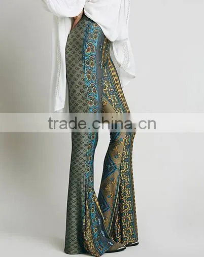 Fashion Hot Sale Paisley Print Stretch Flare Boho Hippie Style Pants Boho Pants Bell Bottom Trousers