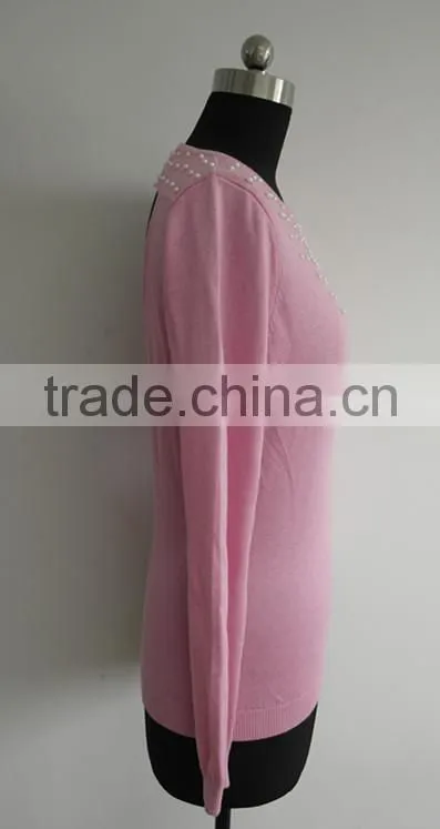 Ladies Fashion bead round neck backless costume sweater
