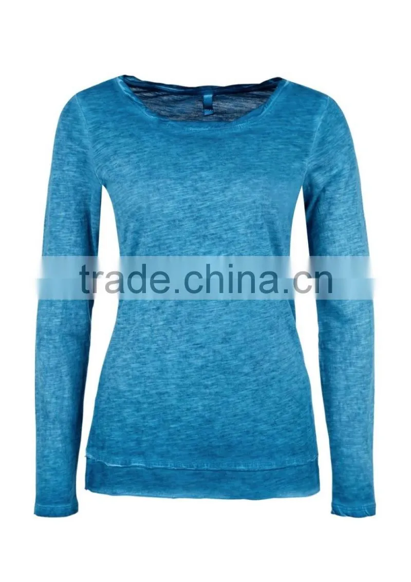 Women's long sleeve 100% cotton acid wash vintage t shirt
