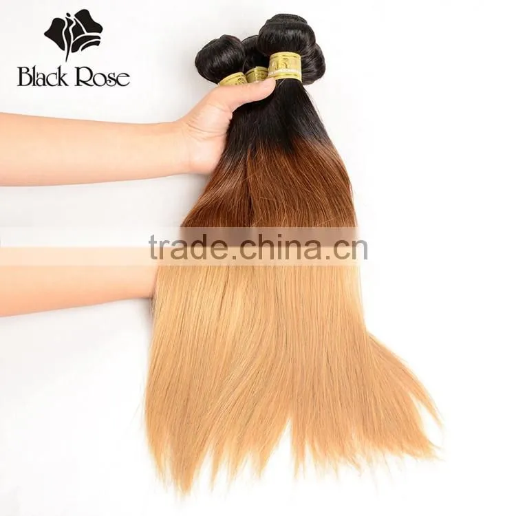 Black Rose Straight Colored Brazilian Ombre Weave Hair, Wholesale Three Tone Ombre Colored Human Hair Extension