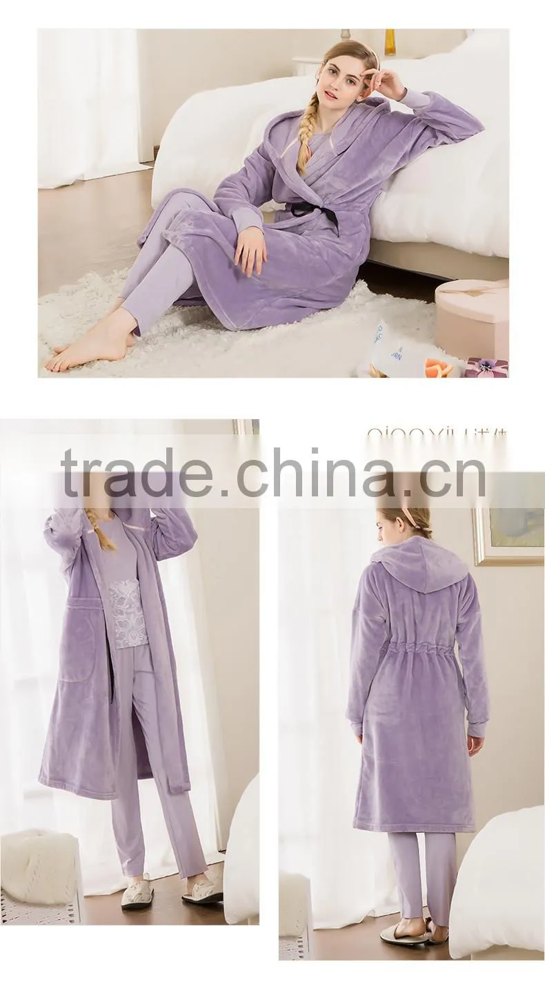 New Arrival Qianxiu Wholesale Cheap Female Elegant Gray Comfort Hoodies Flannel Pajamas