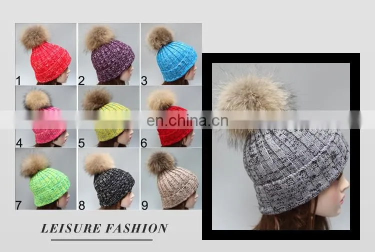 Winter lady knit beanie hat with real raccoon fur ball