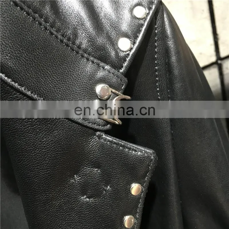 Women Fashion Long Black Rivet Real Leather Coat Leather Trench Coat