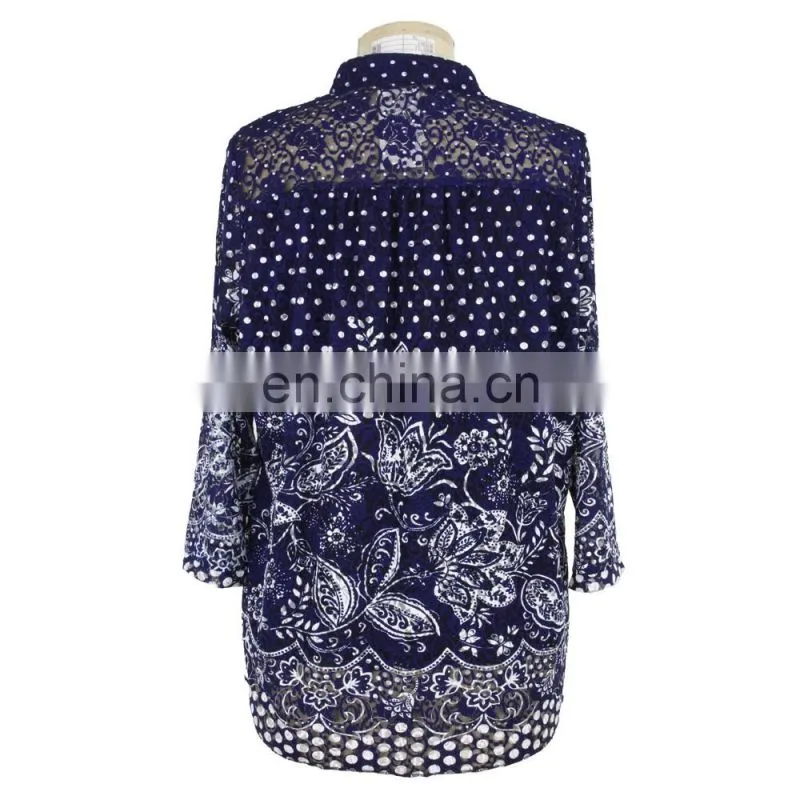 Guangzhou Factory Floral Print Plus Size Clothes Women Lace Shirt