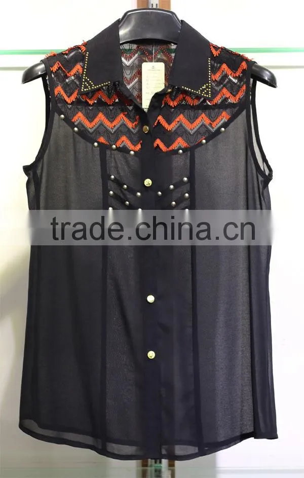 fishtail 2014 new style guipure lace black fashion chiffon blouse