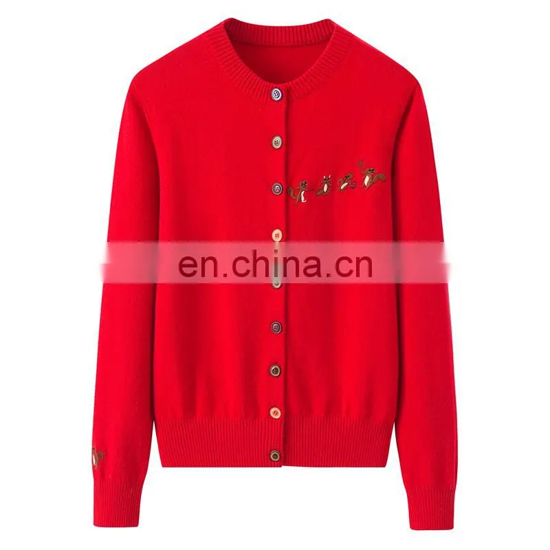 Custom 100% Cashmere Women's Button Knitted Cardigan New Casual Logo Design Crew Neck Single Breasted Closure Animal Winter