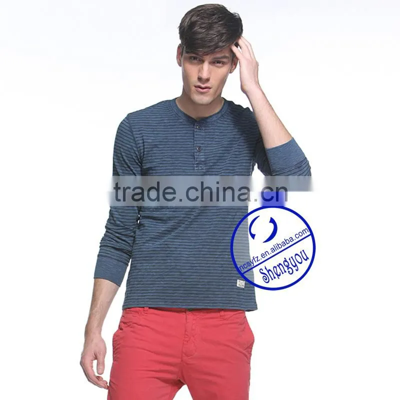 custom high quality long sleeve mens yarn dyed t-shirt wholesale
