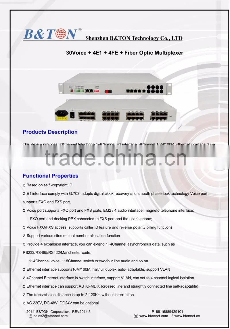 30Voice + 4E1 + 4FE Fiber Optic Multiplexer
