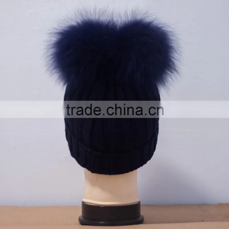 Knitted woolen hat with two big raccoon fur pompoms new design