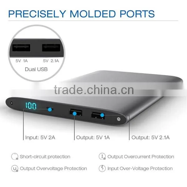 Ultra thin portable metal power bank with high capacity 20000mah super slim charger with LED torch