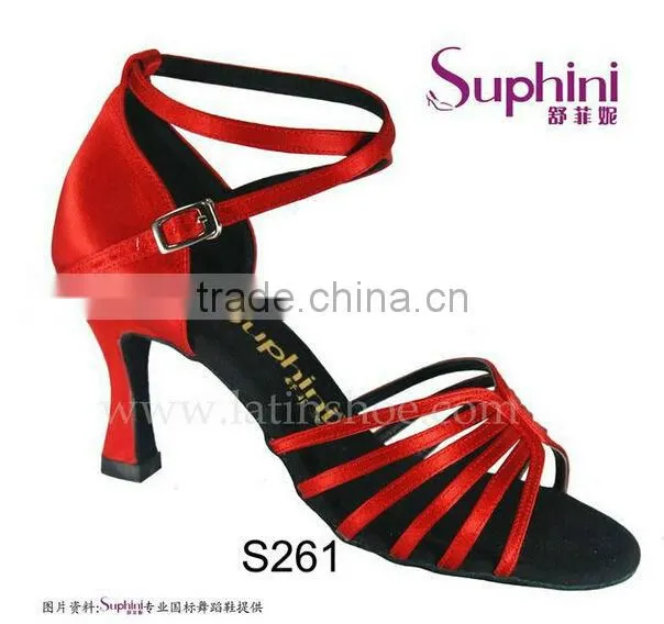 Suphini Ladies Red Satin Black Leather Sole Dance Latin Shoes Wholesale