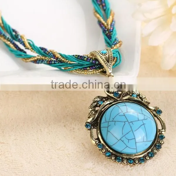Bohemian Style Vintage Heart Design Round Stone Necklace