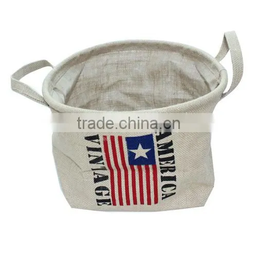 2014 Flax camping linen storage bag,flag design storage box,high capcacity home basket(BBHT004)