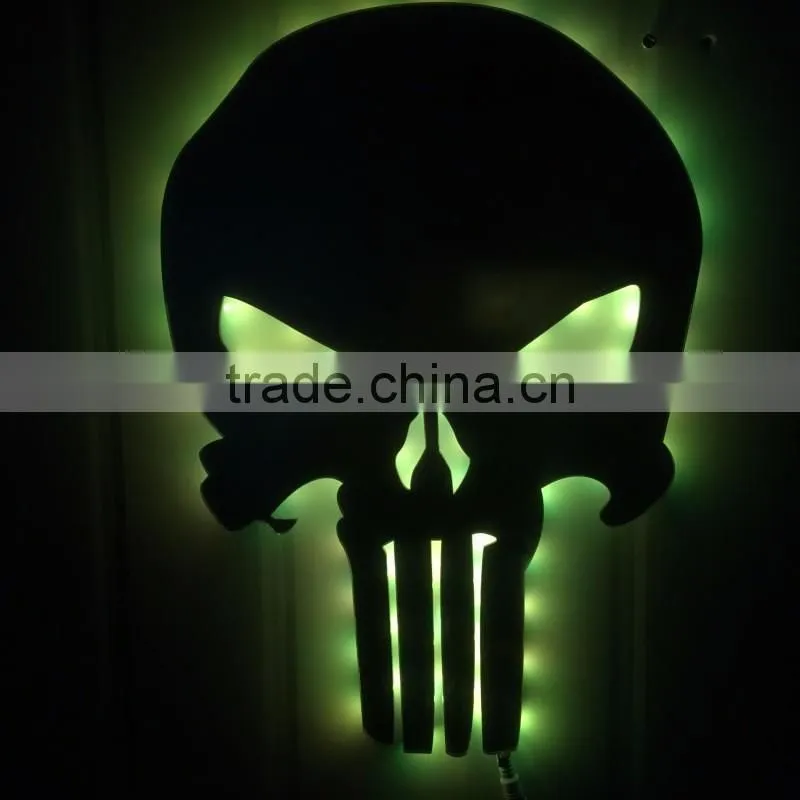 3D Punisher Mask Mirror Light, Halloween Decorative LED Colorful Remote Control Switch Lamp, Skull Decorative Wall Light Mirror