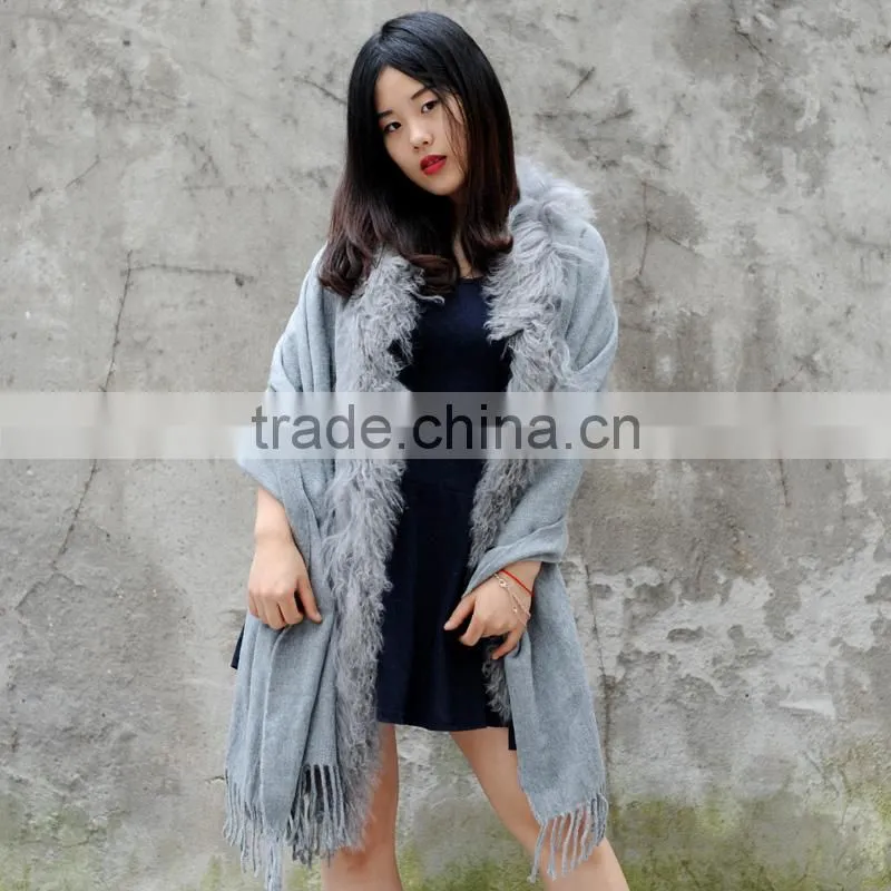CX-B-P-04B Fashion Accessories 2017 Cashmere Shawl With Fur Trim