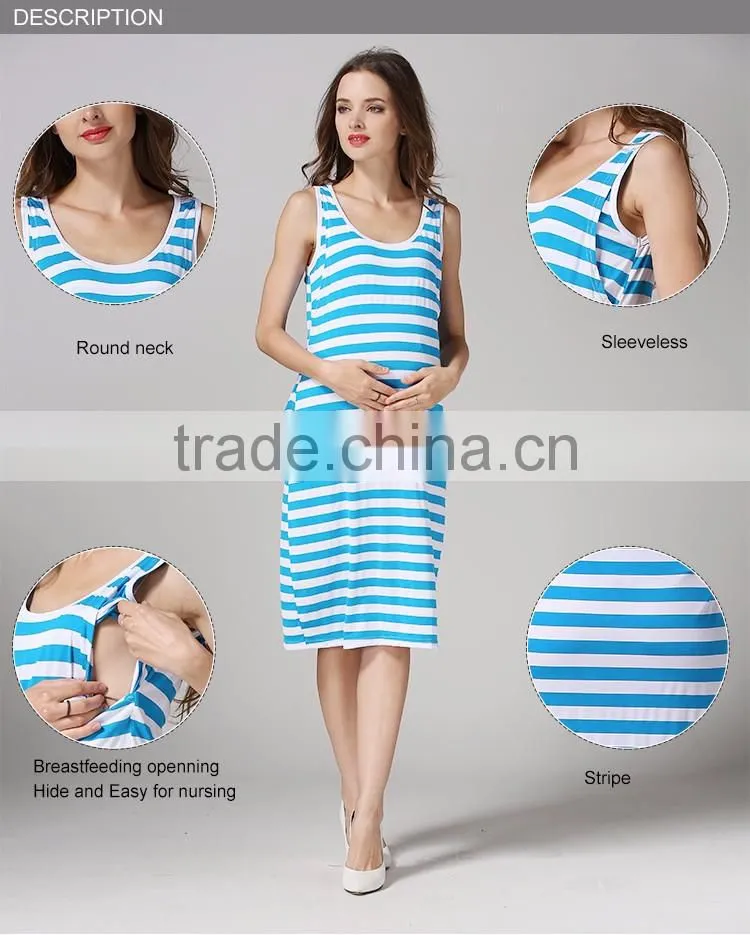 White and Blue Strips Maternity Dress Korean Style Nursing Clothing Athleisure Hide Breastfeeding Opening Skirts