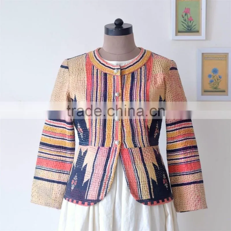 Hand Crafted Kantha Jacket in Beautiful Vintage Color Print ~ Large