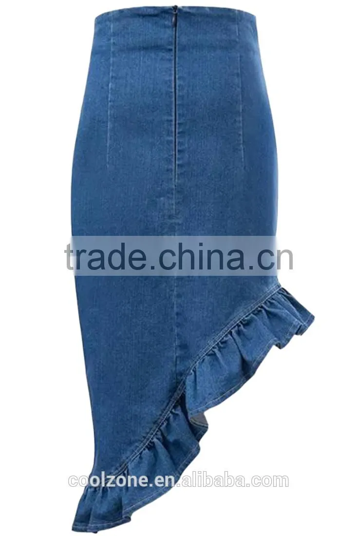 2015 New fashion Asymmetrical Ruffled Denim Pencil Mini Short Skirt