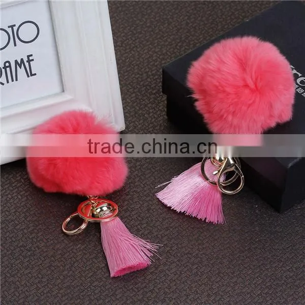 Gold Plated Watermelon Red Angora Pom Pom Ball Pink Rayon Tassel Promotional Keychain