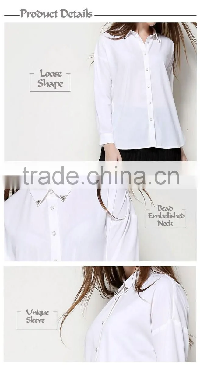 New fashion 2016 elegant ladies plain long sleeve white chiffon blouse for women